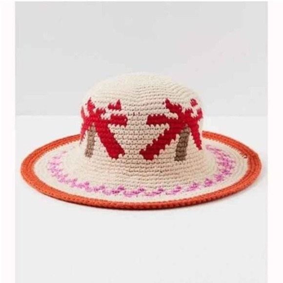 Free People Accessories - Free People Palm Springs Crochet Bucket Hat, Ivory, Red, Orange 100% Cotton NEW
